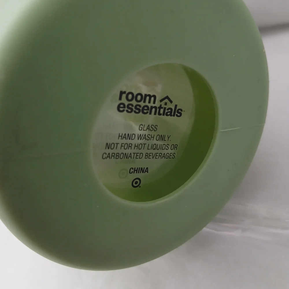 Room Essentials Glass Water Bottle W/ Straw And Green Silicone Boot
